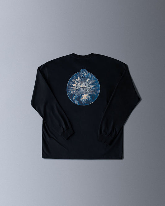 Alan Walker Prophecy Disc VIII Longsleeve in black, back flat lay with blue and gold prophecy disc graphic