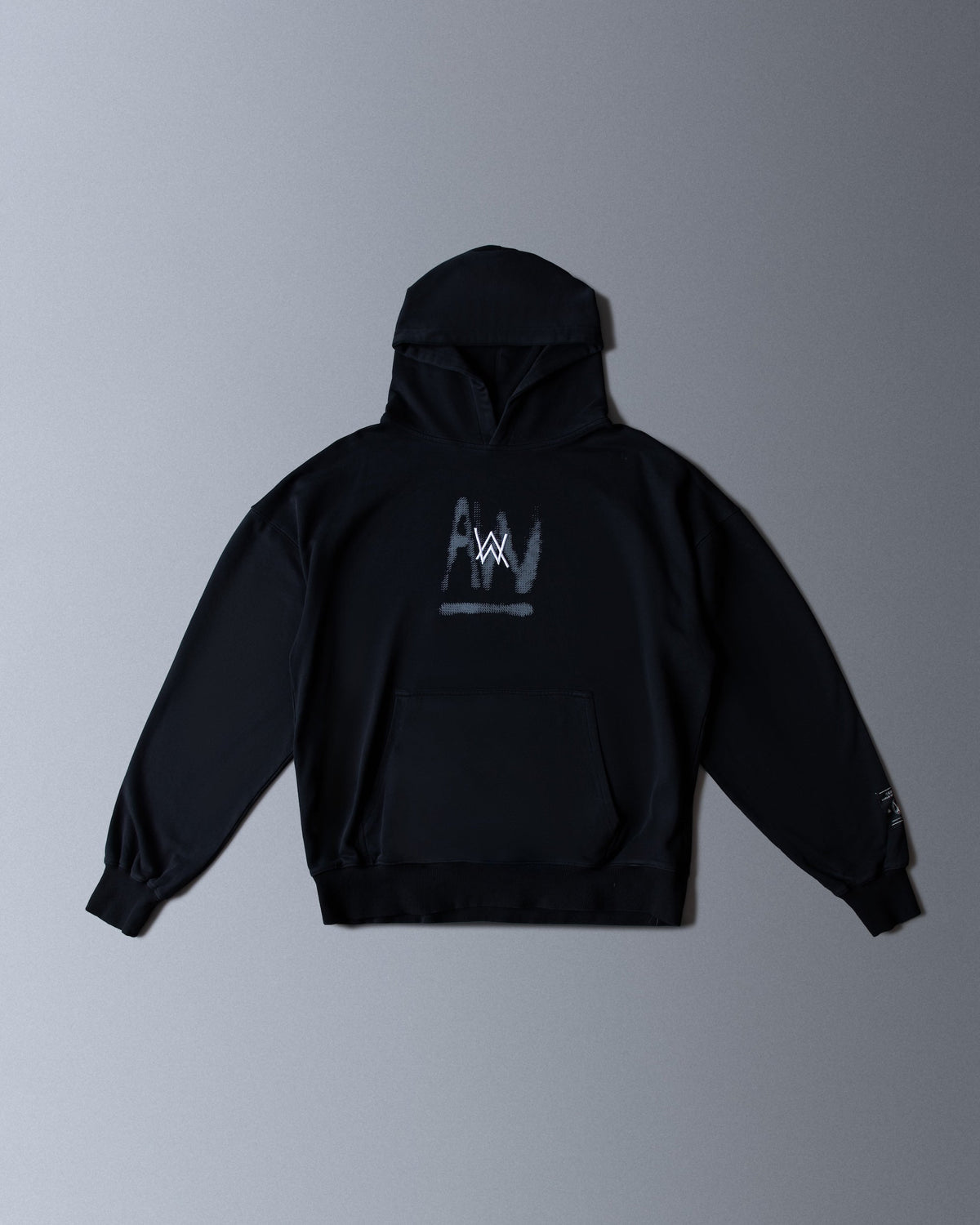 Alan Walker Faded Graffiti Hoodie front flat lay in black with the graffiti AW logo across the chest