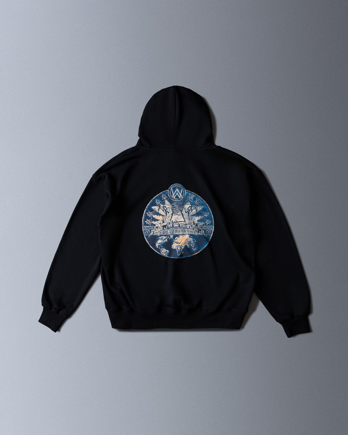 Alan Walker Prophecy Disc VIII Hoodie in black, back flat lay with blue and gold circular world disc print