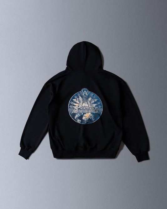 Alan Walker Prophecy Disc VIII Hoodie in black, back flat lay with blue and gold circular world disc print