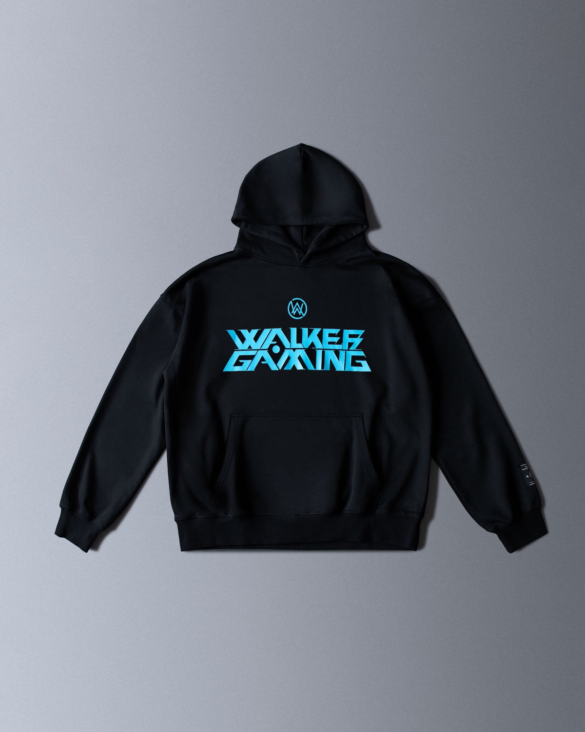 Alan Walker Gaming Hoodie flat lay in black with the blue Walker Gaming chest logo and kangaroo pocket