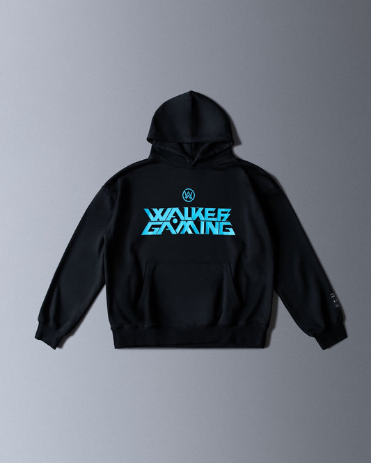 Alan Walker Gaming Hoodie flat lay in black with the blue Walker Gaming chest logo and kangaroo pocket