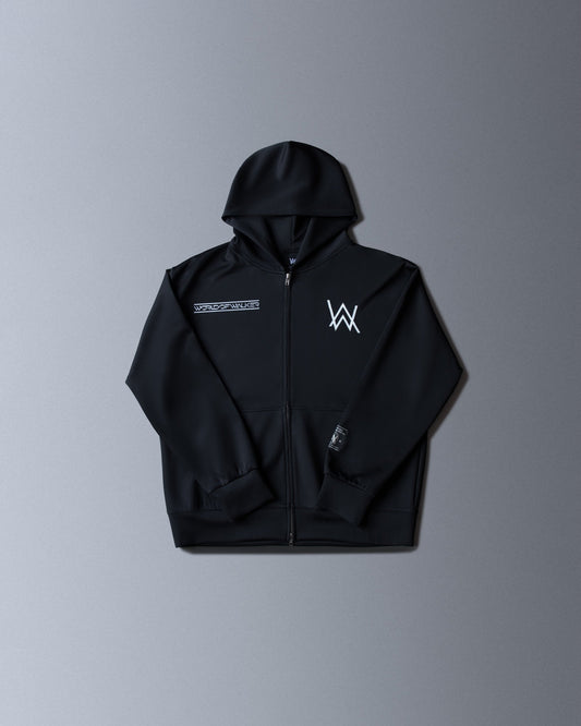 Alan Walker World of Walker Skyline Zip Hoodie in black, front flat lay with white AW logo and chest tape print