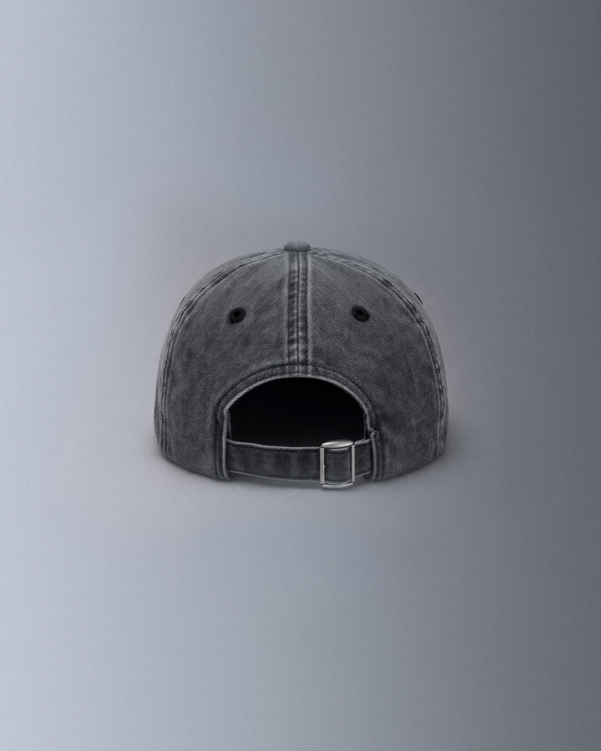 Alan Walker Faded Logo Cap back view, washed grey six panel cap with an adjustable metal buckle strap