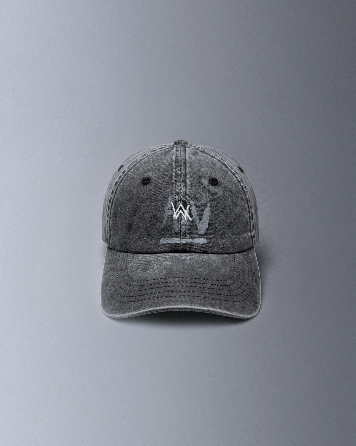 Alan Walker Faded Logo Cap front view, washed grey dad cap with the embroidered white AW logo on the crown