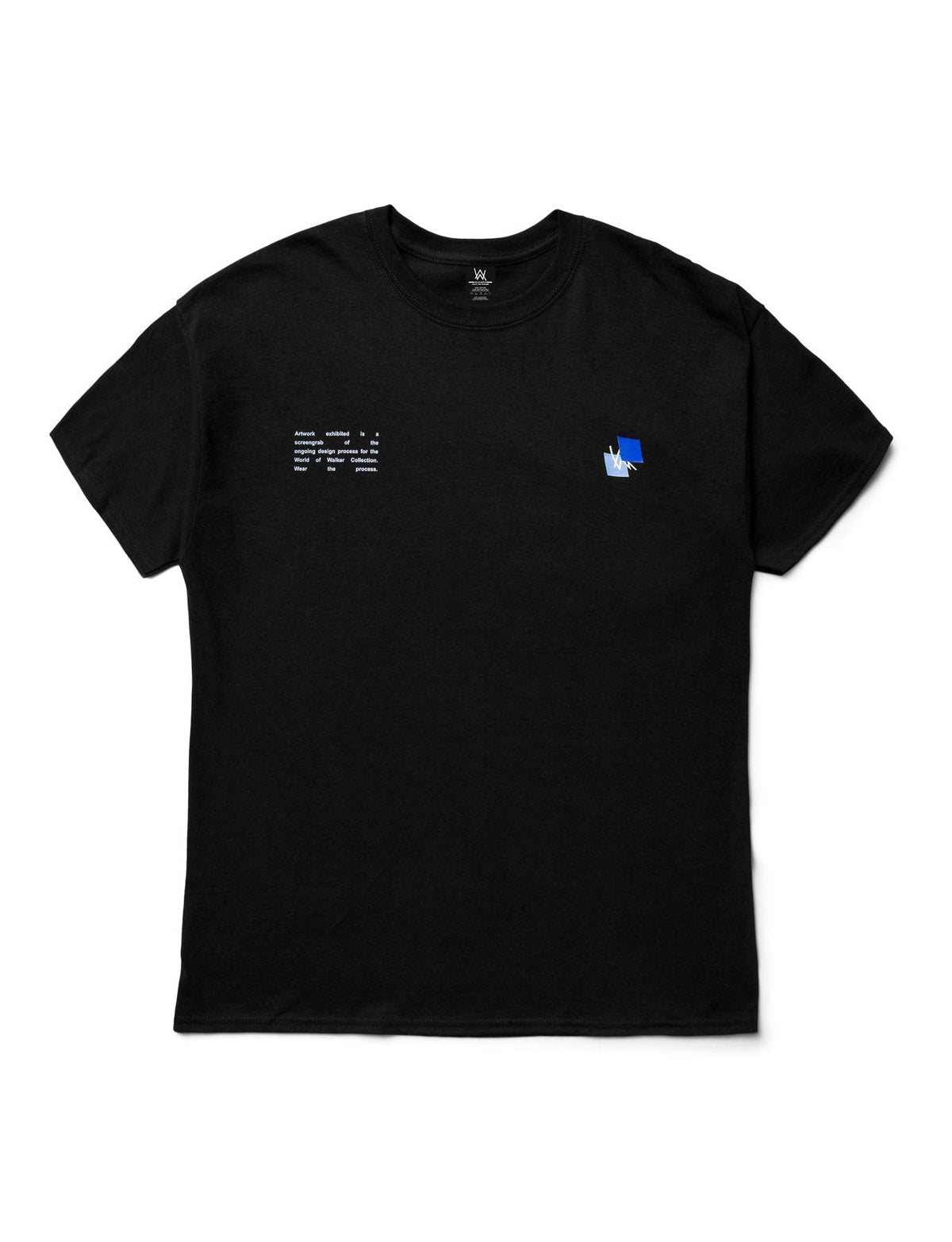 Alan Walker Blueprint T-Shirt front flat lay, black tee with tiny schematic text and a blue chest graphic