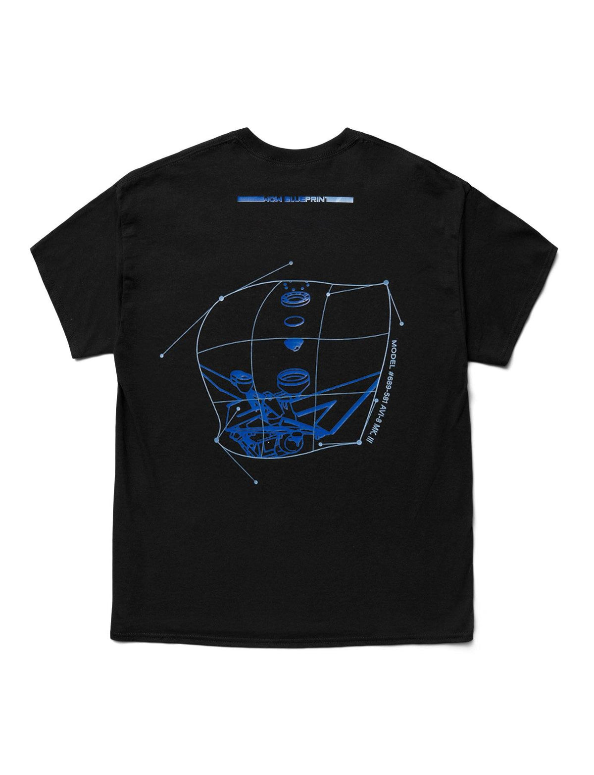 Alan Walker Blueprint T-Shirt back view, blue technical line drawing of a race machine on black cotton
