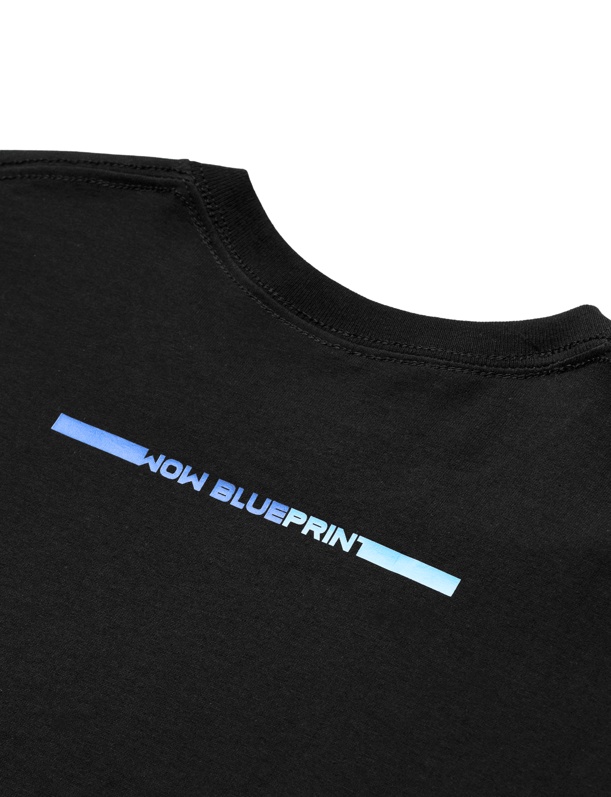 Alan Walker Blueprint T-Shirt shoulder detail, WOW Blueprint wordmark in a blue gradient below the collar