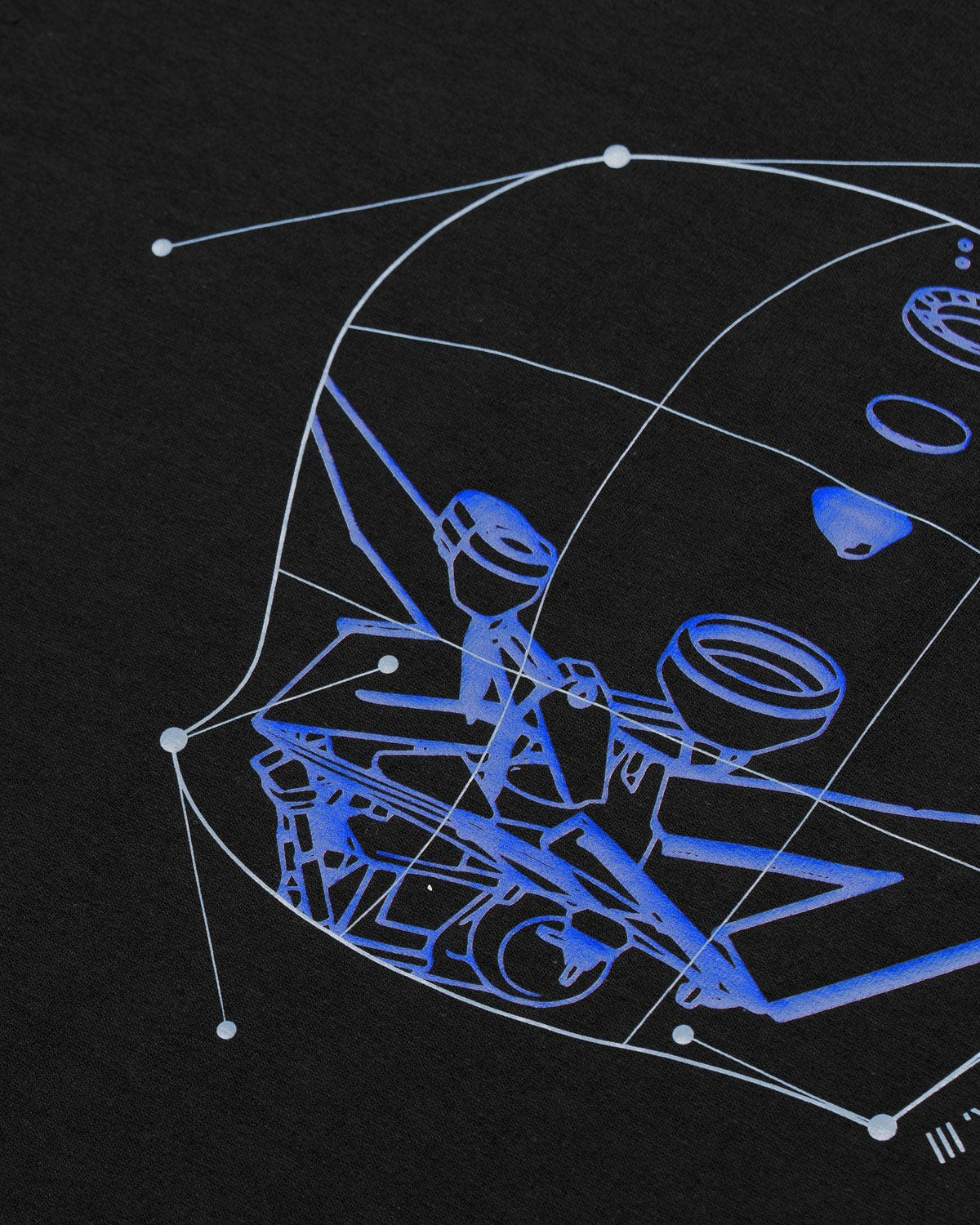 Alan Walker Blueprint T-Shirt back print close-up, blue wireframe schematic lines mapped across black fabric