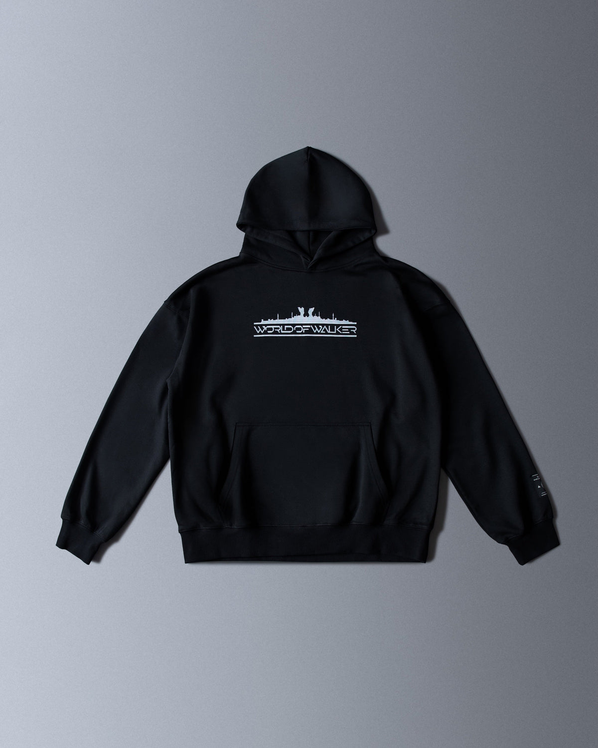 Alan Walker World of Walker Skyline Hoodie in black, front flat lay with white World of Walker skyline chest print