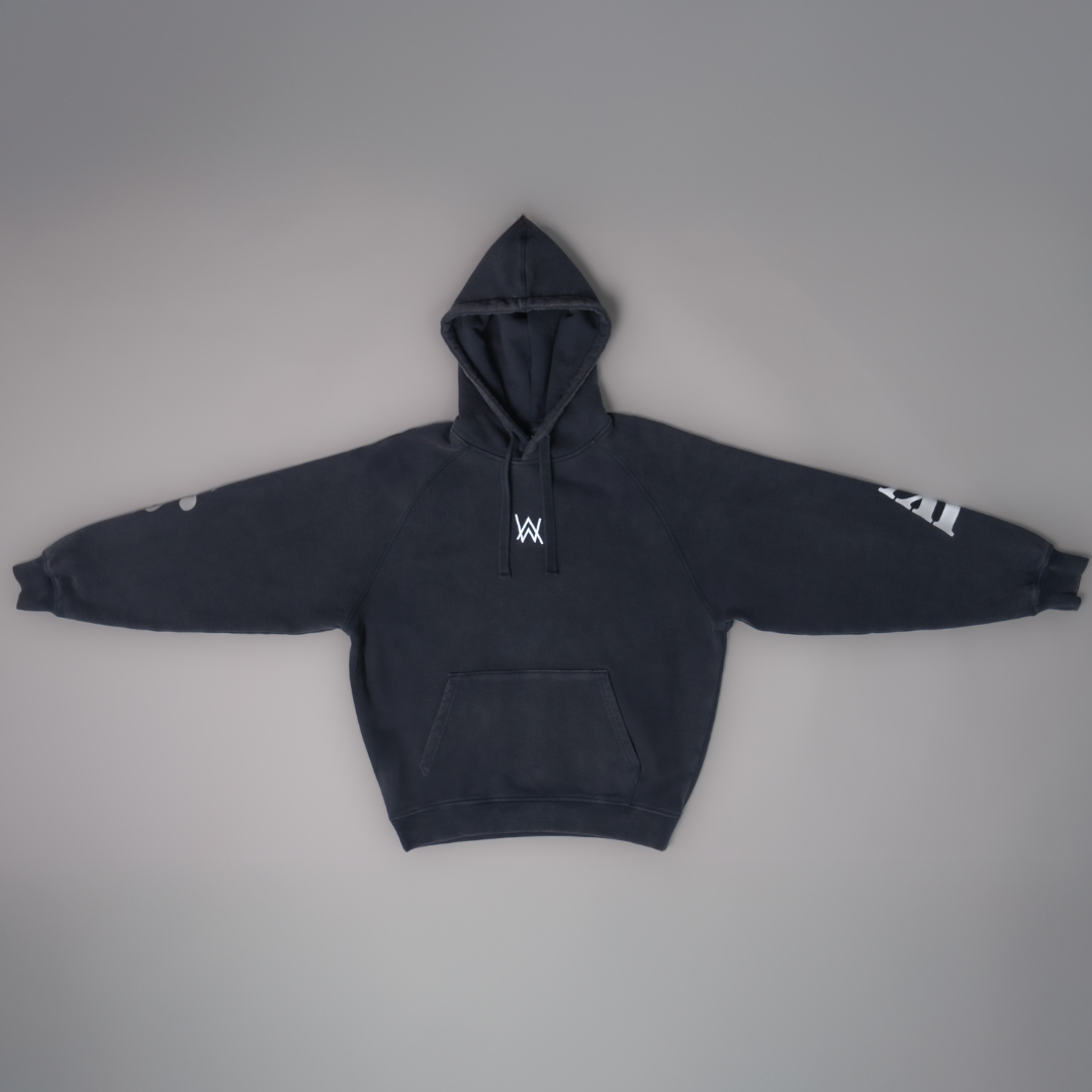 Alan Walker Lyrics Hoodie front flat lay in black, small silver AW chest logo with printed sleeve text