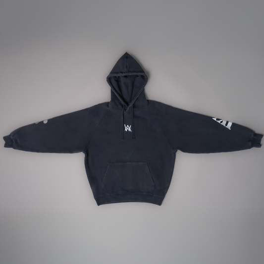 Alan Walker Lyrics Hoodie front flat lay in black, small silver AW chest logo with printed sleeve text