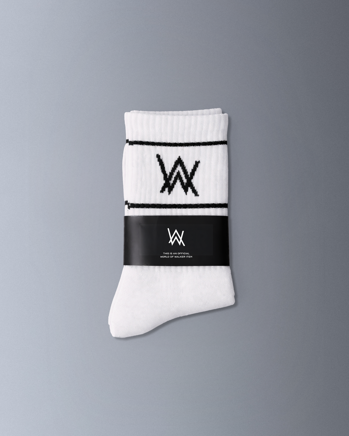 Alan Walker Logo Sport Socks in white, folded pair in branded band with black stripes and AW logo
