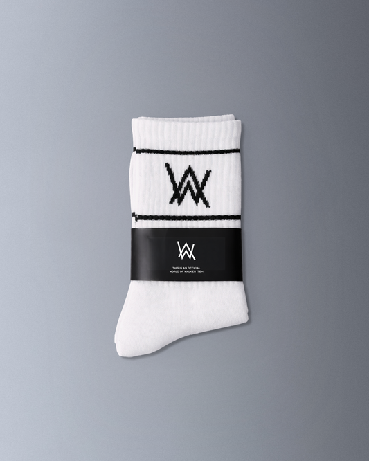 Alan Walker Logo Sport Socks in white, folded pair in branded band with black stripes and AW logo