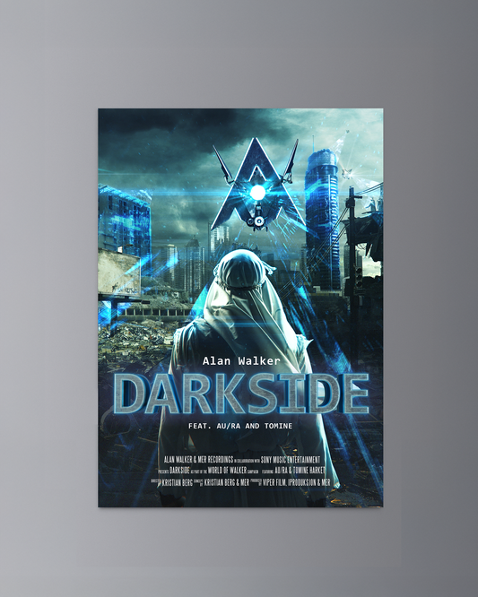 Alan Walker Darkside Poster, film style print of a hooded figure in a ruined blue city under the AW crest