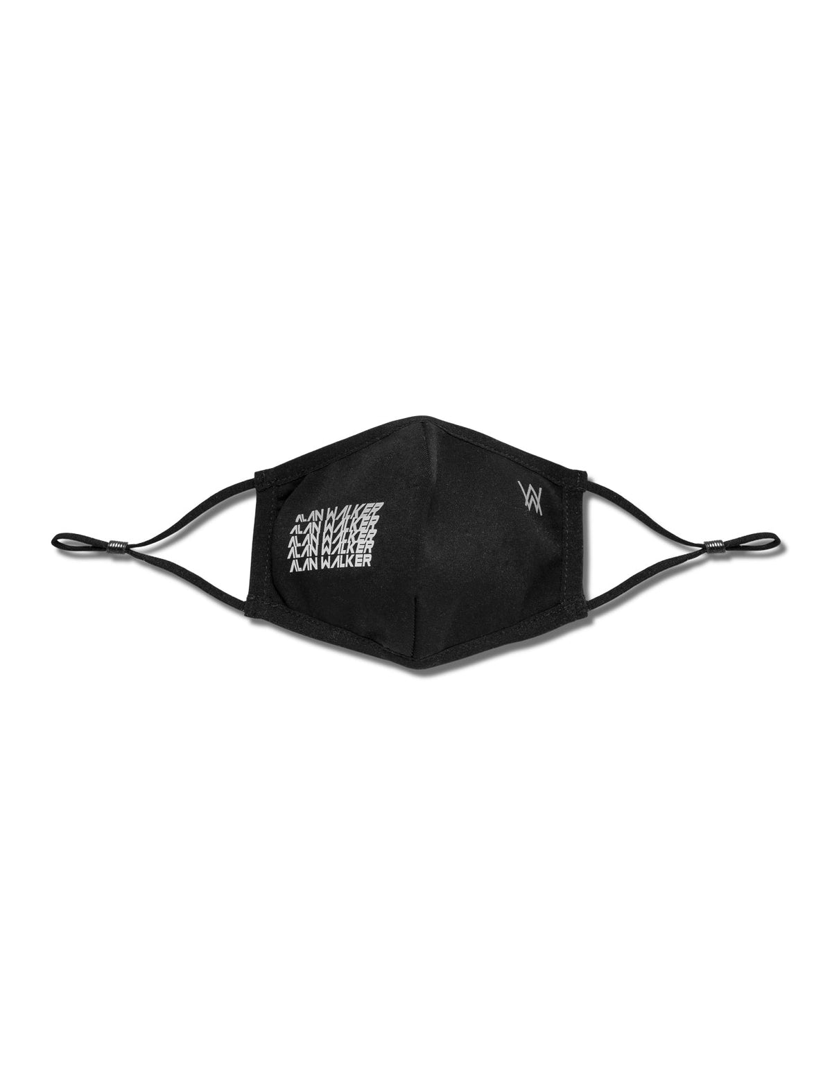 Alan Walker Repeat Logo Mask in black, front view with repeating Alan Walker text print and adjustable straps