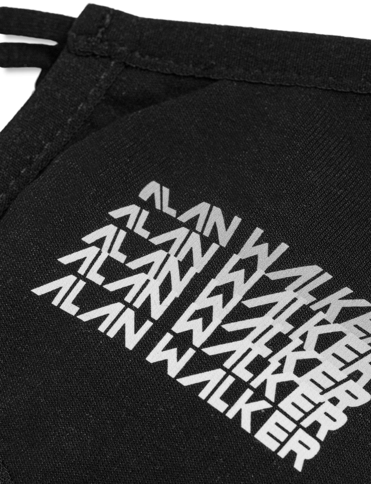 Alan Walker Repeat Logo Mask print close-up, stacked white Alan Walker lettering on black stretch fabric