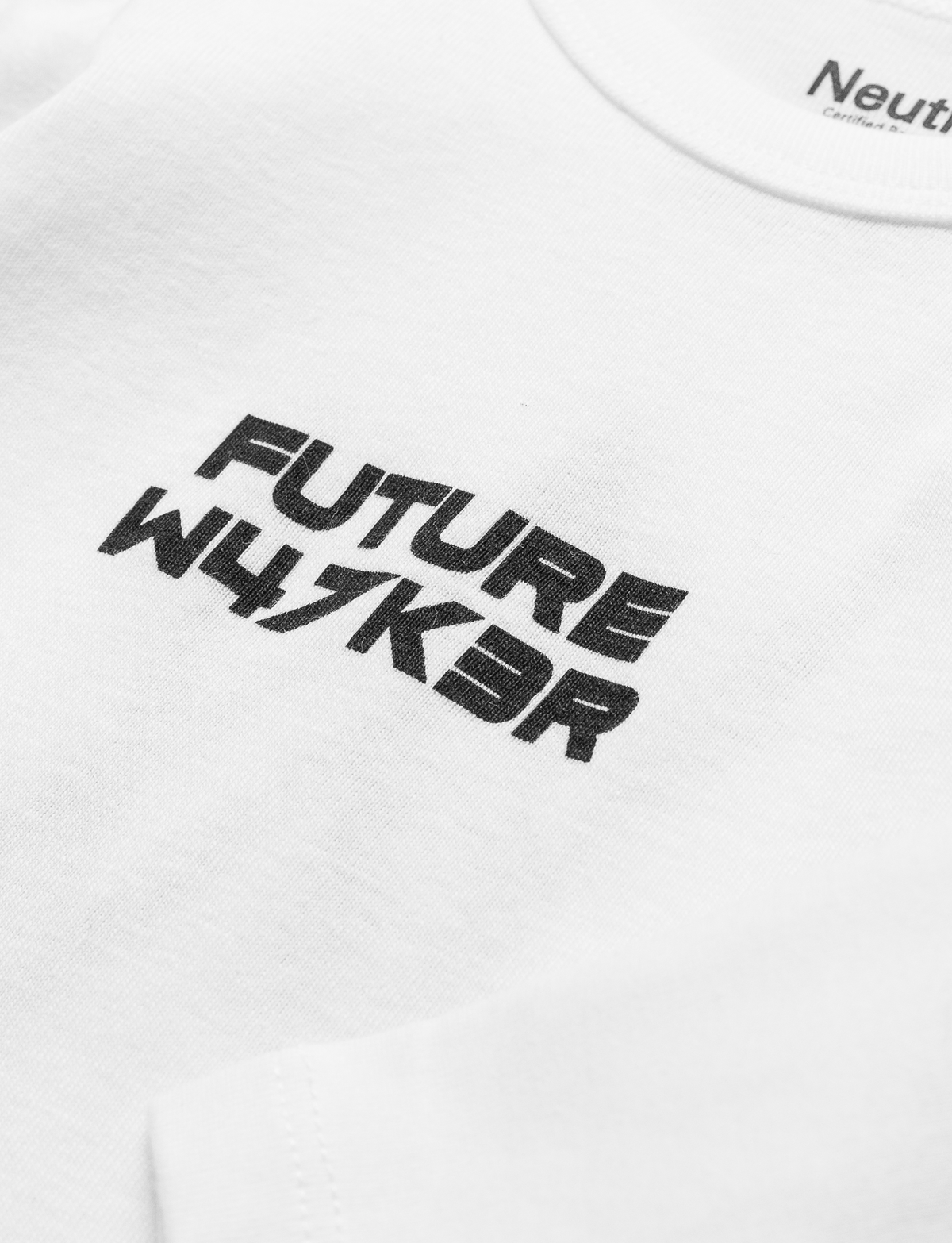 Alan Walker Future Walker Baby Body chest print close-up, black Future W4LK3R lettering on white cotton