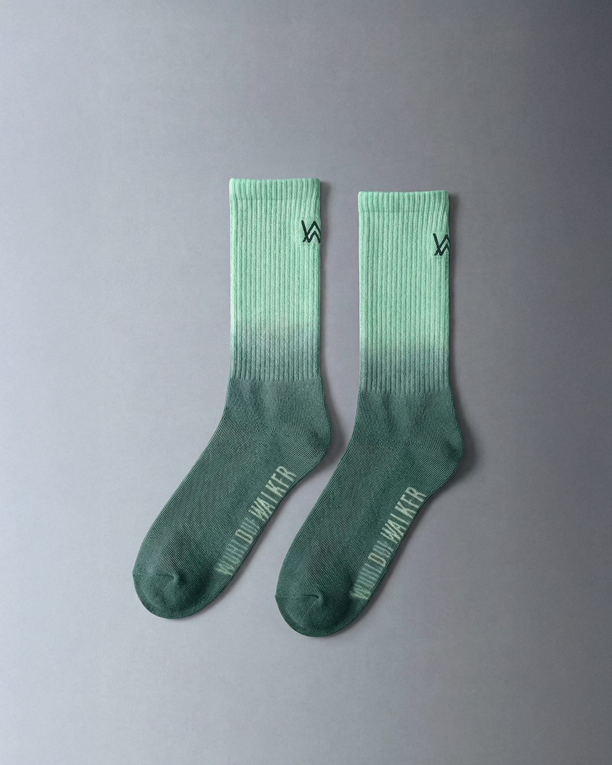 Alan Walker World of Walker Logo Gradient Socks, green ombre ribbed crew socks with woven AW logo at the cuff