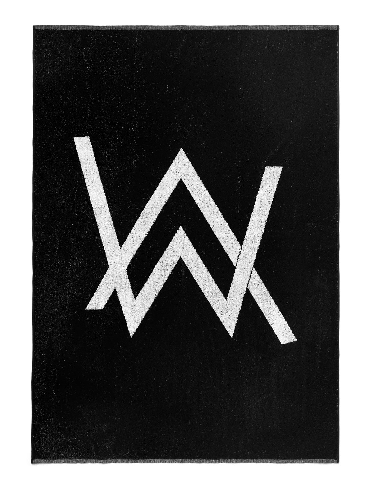Alan Walker Logo Towel in black laid flat, large white AW logo printed across the soft cotton surface