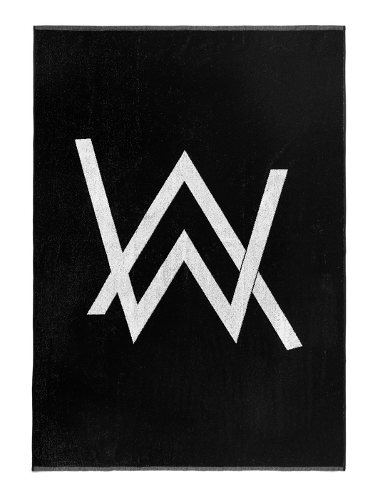 Alan Walker Logo Towel in black laid flat, large white AW logo printed across the soft cotton surface