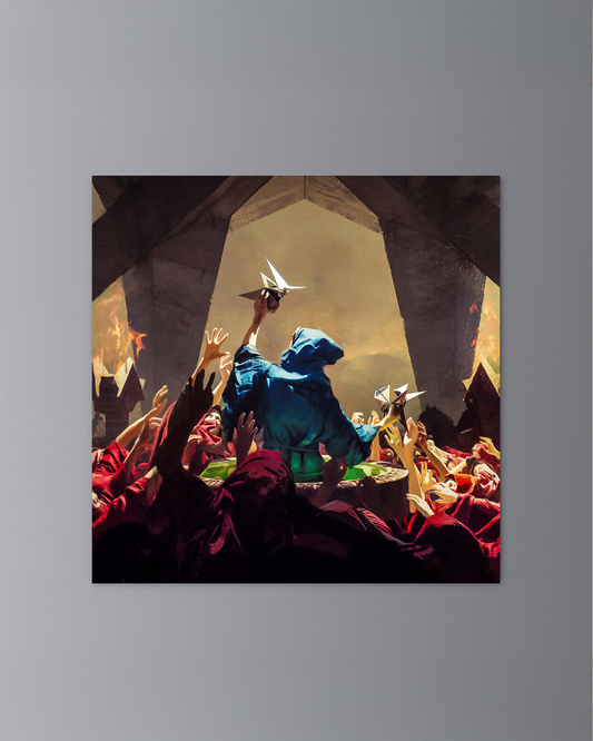 Alan Walker Heading Home Poster, painted art print of a hooded Walker lifted by a crowd under a stone arch