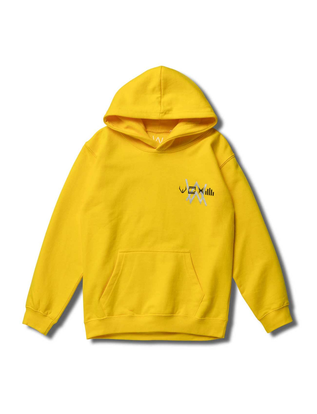 Alan Walker Walkerverse Stage Kids Hoodie in yellow, front flat lay with small silver Walkerverse chest graphic