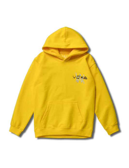 Alan Walker Walkerverse Stage Kids Hoodie in yellow, front flat lay with small silver Walkerverse chest graphic