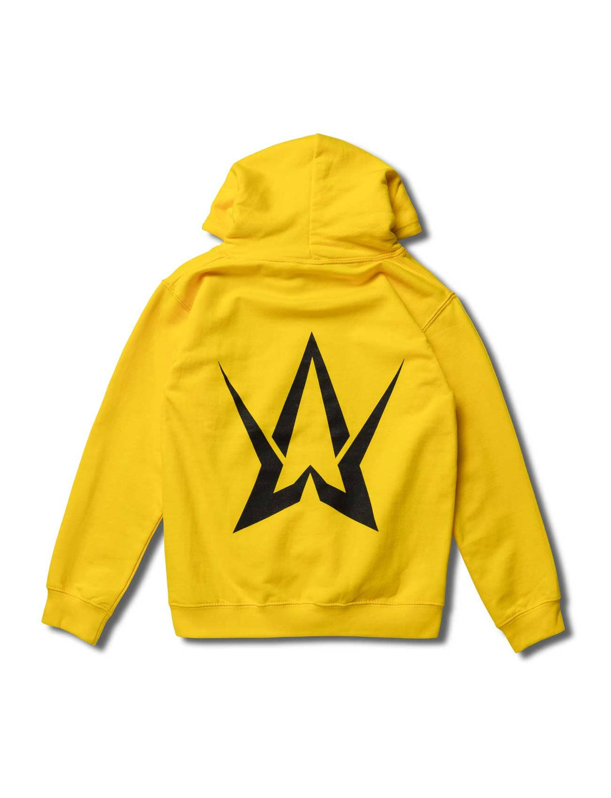 Alan Walker Walkerverse Stage Kids Hoodie back view, bold black Walker star logo on bright yellow fleece