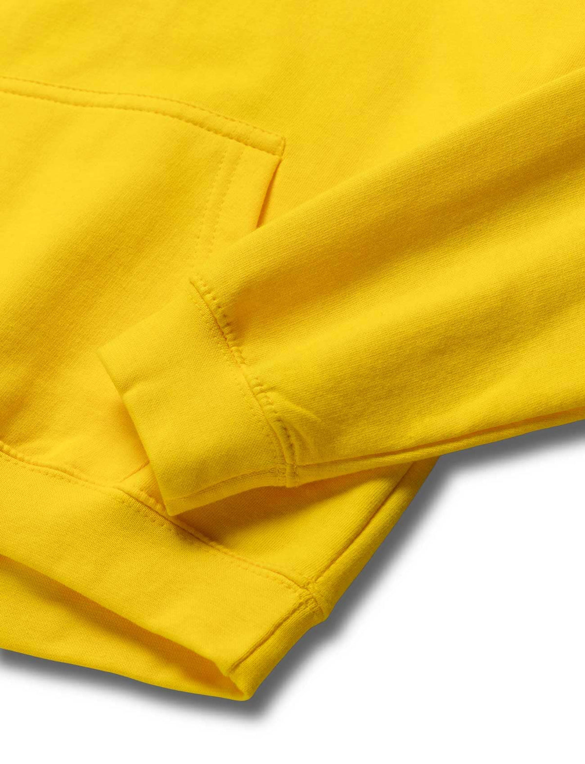 Alan Walker Walkerverse Stage Kids Hoodie folded close-up showing ribbed cuffs and kangaroo pocket in yellow