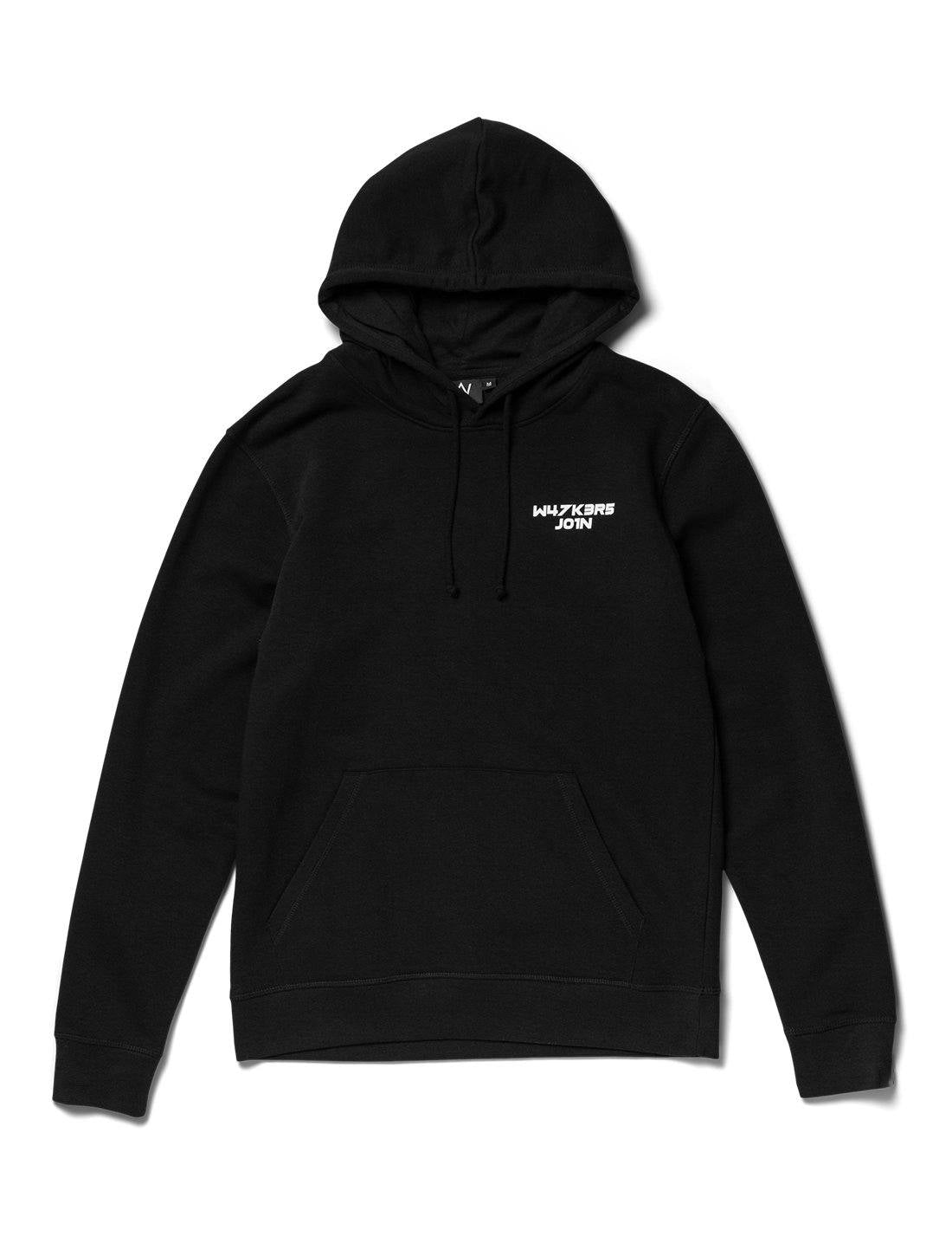 Alan Walker Core Logo Hoodie front flat lay, black pullover with small white W47K3R5 J01N chest text