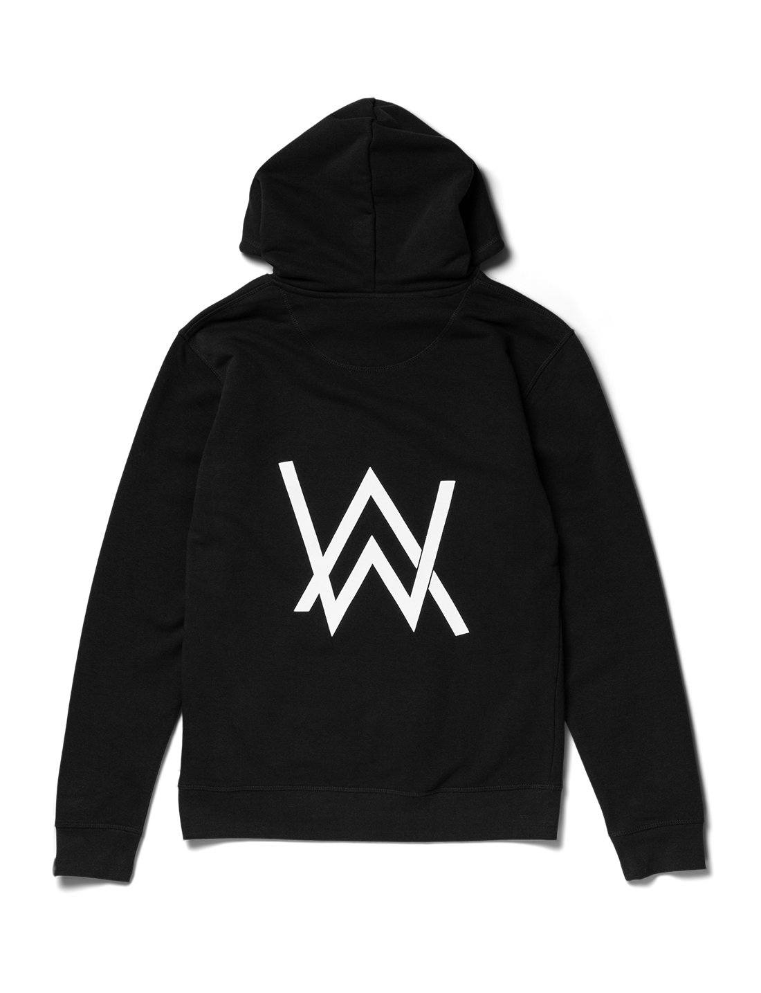 Alan Walker Core Logo Hoodie back flat lay, large white AW mountain logo across the black hooded sweatshirt