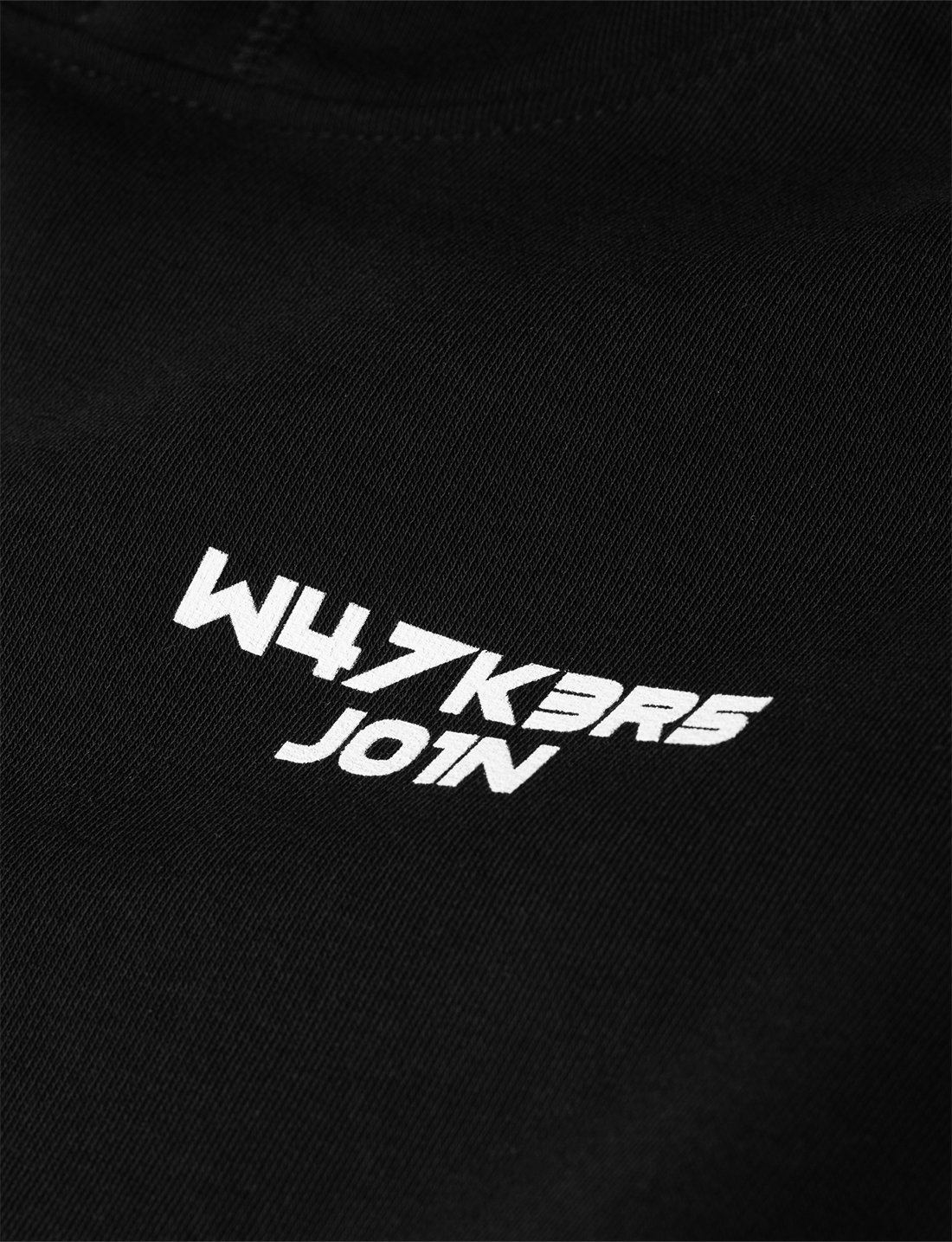 Alan Walker Core Logo Hoodie chest print close-up, white W47K3R5 J01N lettering on soft black cotton