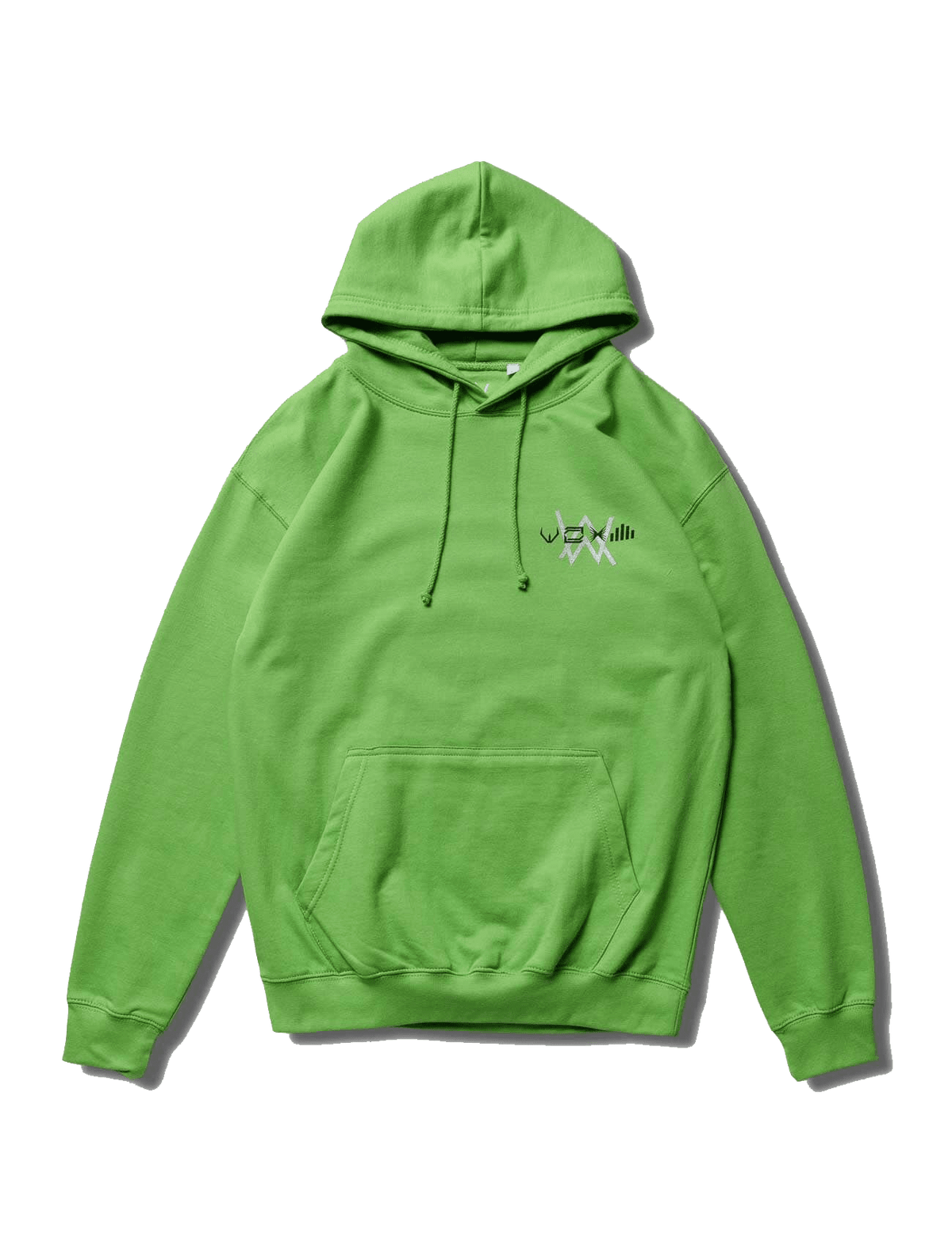 Alan Walker Stage Hoodie in green, front flat lay with kangaroo pocket and small silver chest graphic