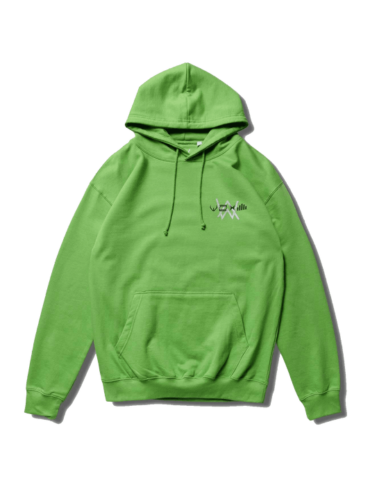 Alan Walker Stage Hoodie in green, front flat lay with kangaroo pocket and small silver chest graphic