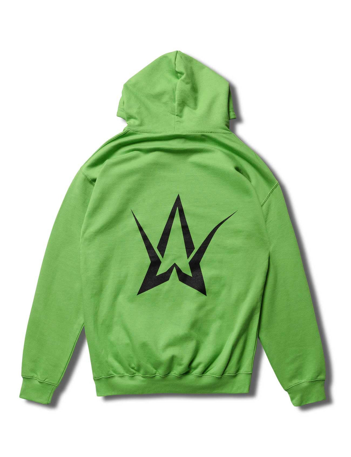 Alan Walker Stage Hoodie green back flat lay with the large black Walker star emblem across the shoulders