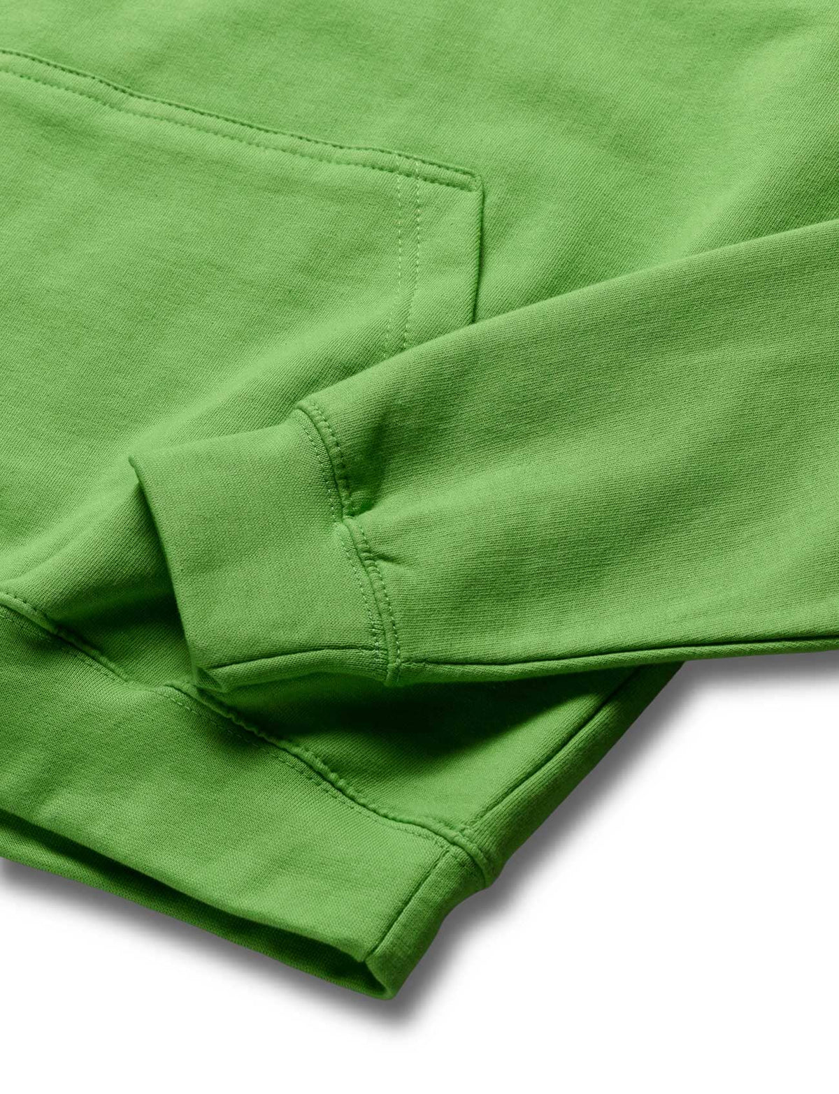 Alan Walker Stage Hoodie in green, folded close-up of the sleeve cuff, pouch pocket edge and topstitched hem