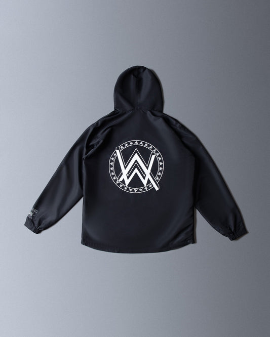 Alan Walker Core LV1 Windbreaker back flat lay, black hooded shell with a white circular AW crest print