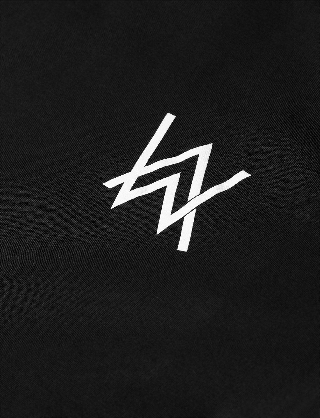 Alan Walker Core W47K3R5 J01N T-Shirt chest logo close-up, fine white AW mountain mark on black cotton