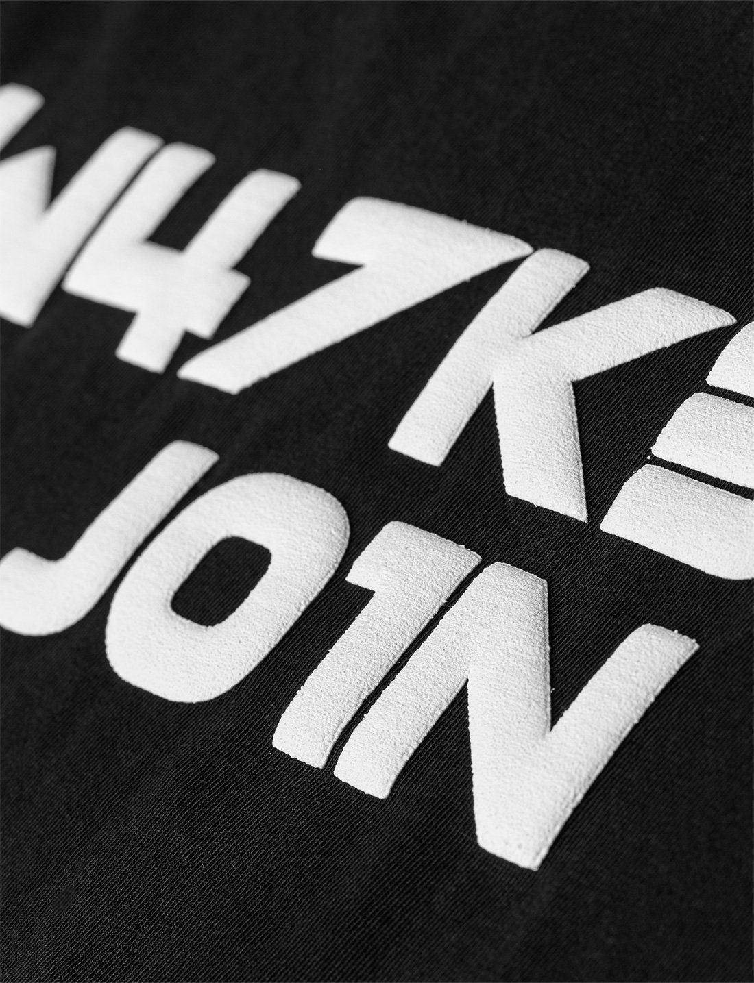Alan Walker Core W47K3R5 J01N T-Shirt back print macro, chunky white glitch style letters on black jersey