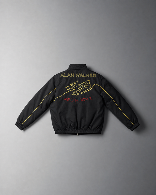 Alan Walker Legendary Sandstone Jacket in black, back flat lay with Alan Walker and Red Rocks embroidery