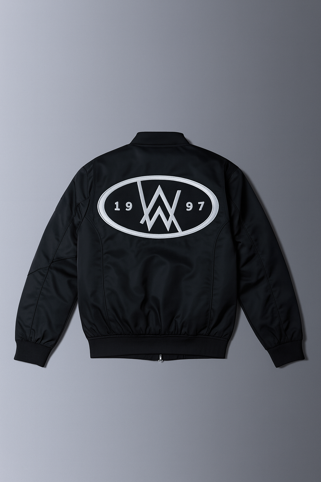 Alan Walker F1 Stage Jacket back packshot, black bomber with an oval 1997 AW crest between the shoulders