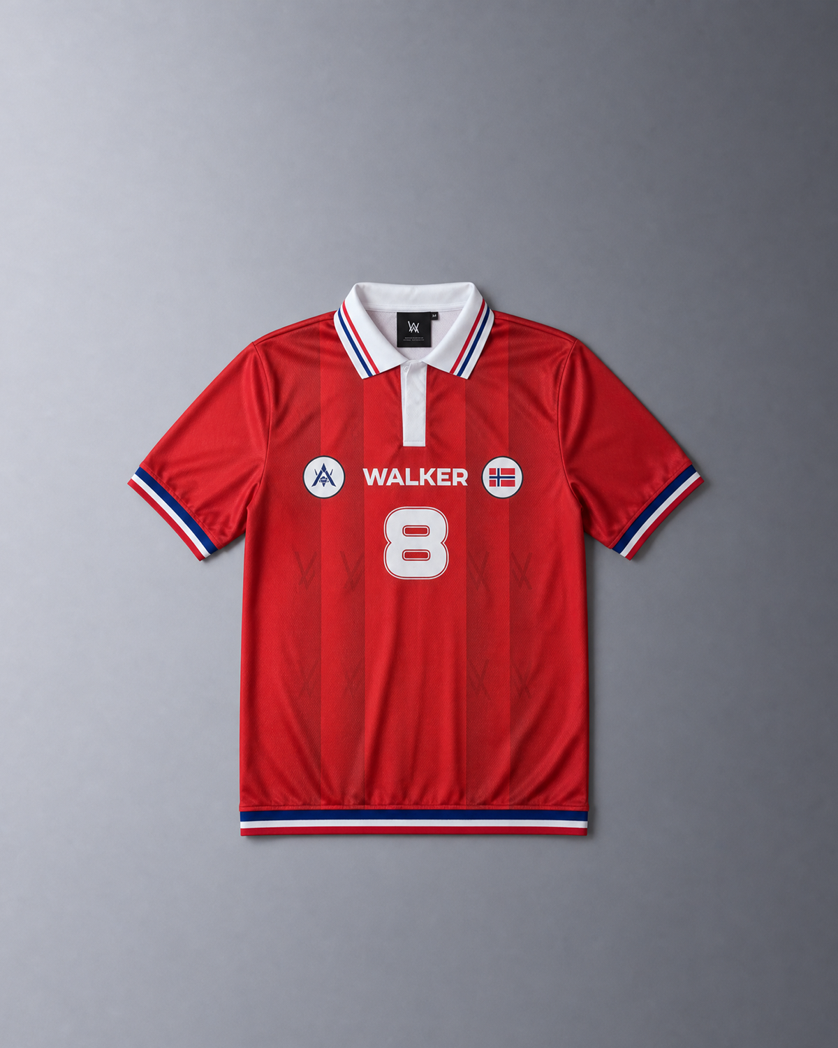 Alan Walker 98 Replica Jersey front flat lay in red with white collar, Walker chest print and number 8