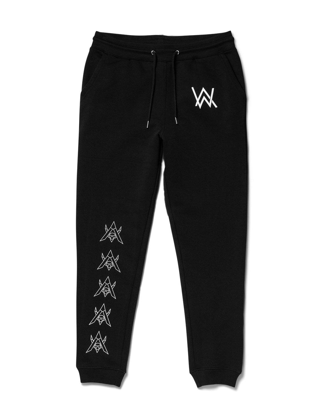 Alan Walker Core Drone Sweatpants front flat lay, black joggers with AW hip logo and drone icons down the leg