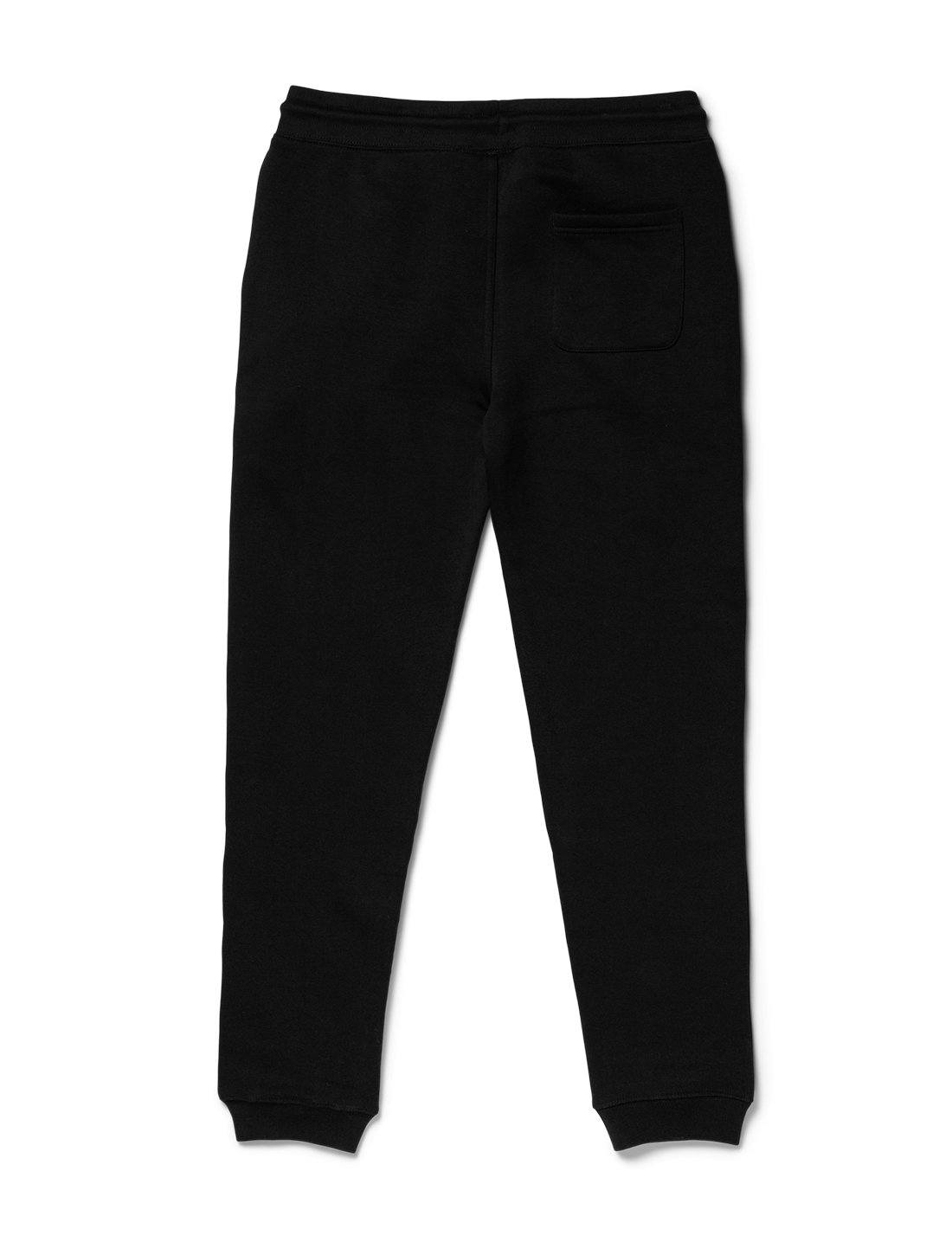 Alan Walker Core Drone Sweatpants back flat lay, plain black fleece joggers with a single rear patch pocket