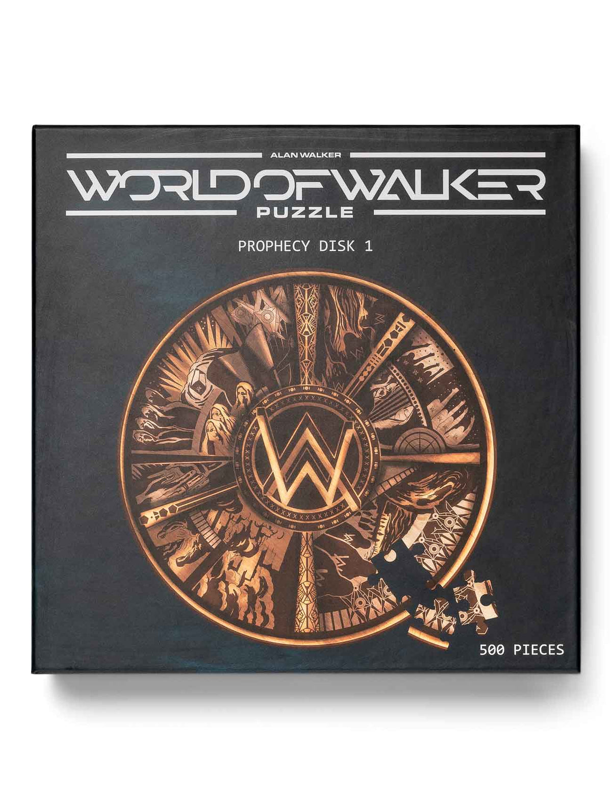 Alan Walker World of Walker Puzzle Prophecy Disk 1 box front, bronze prophecy disk artwork on black, 500 pieces