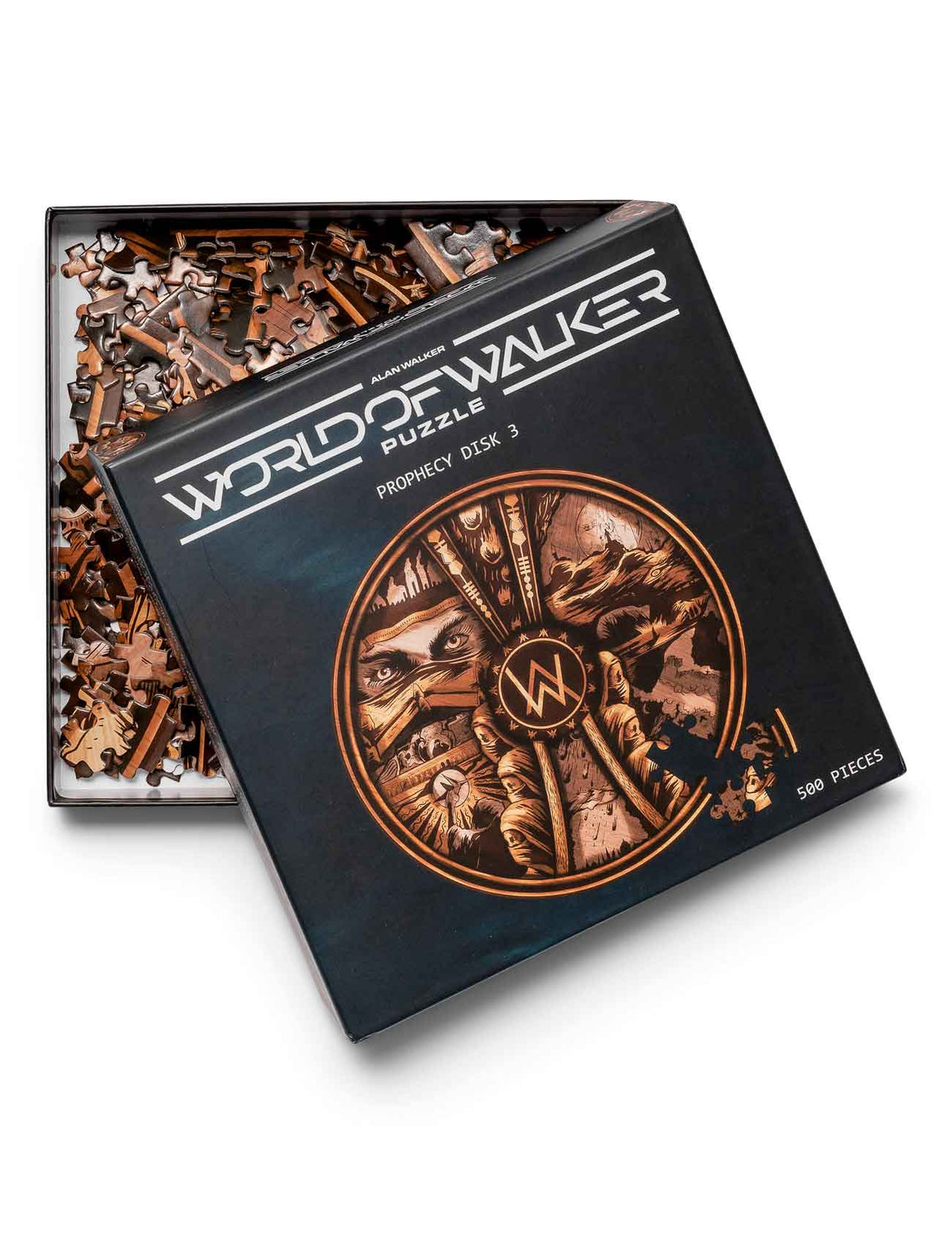 Alan Walker World of Walker Puzzle Prophecy Disk 3 box tilted over its inner tray of scattered puzzle pieces