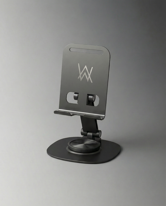 Alan Walker Logo Phone Stand in brushed grey metal, angled view of the folding stand with the white AW logo