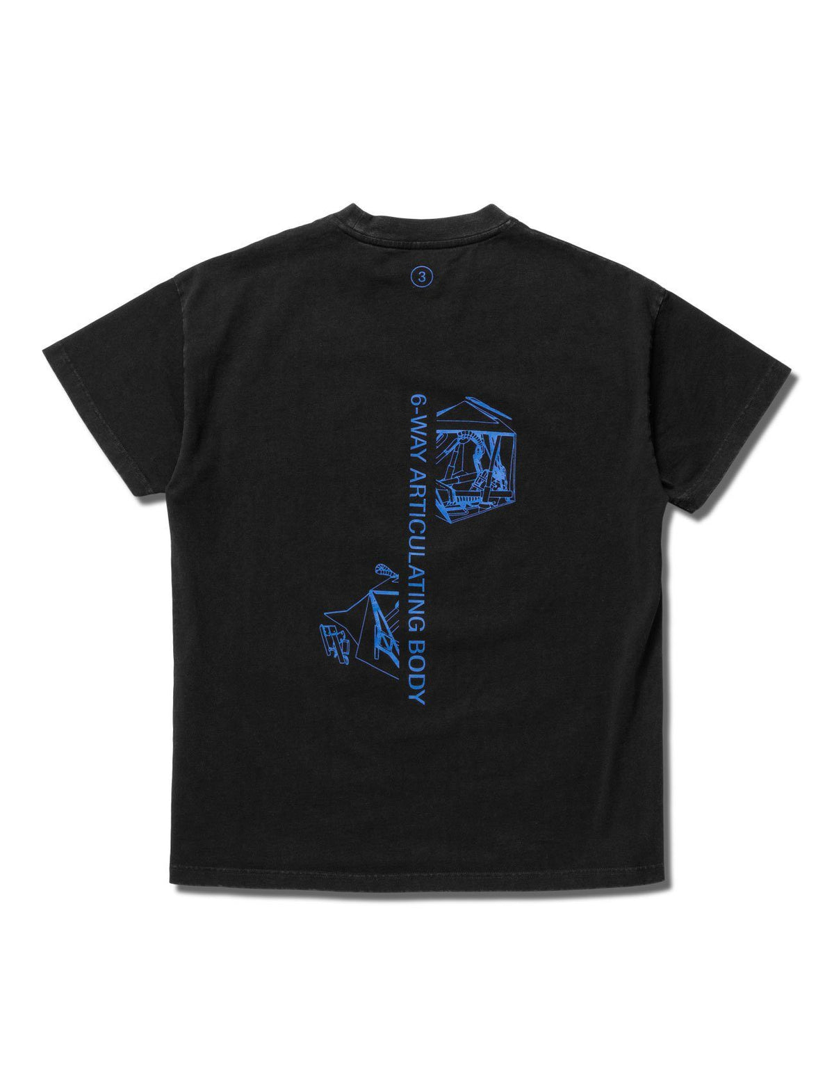 Alan Walker Drone Repair Shop T-Shirt back flat lay with a blue 6-Way Articulating Body drone graphic