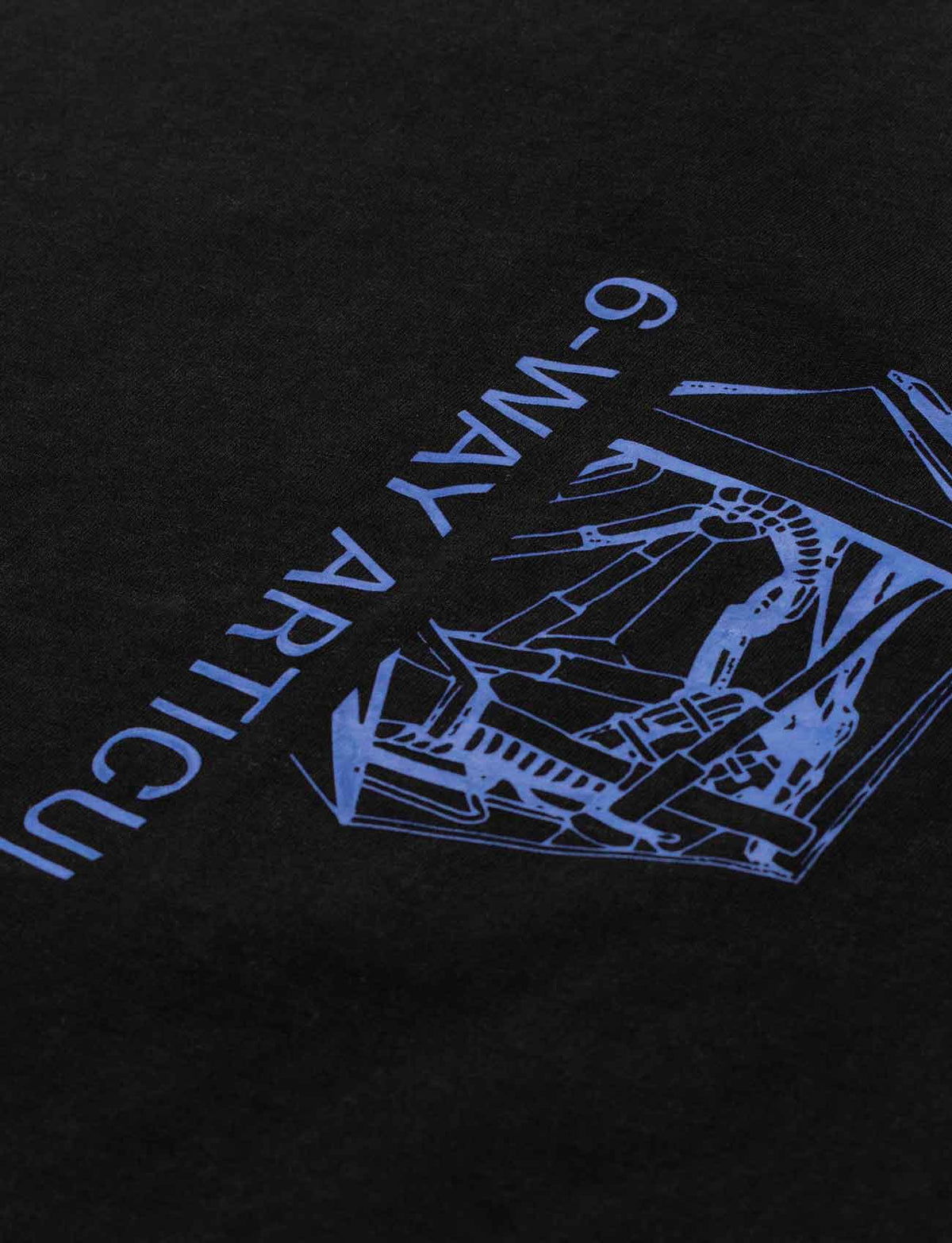 Alan Walker Drone Repair Shop T-Shirt back print detail, blue technical drone drawing on soft black cotton